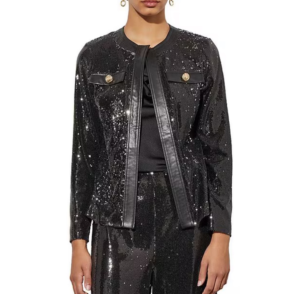 Ming Wang Novelty Sequin Woven Contrast Trim Long Sleeve Open-Front Jacket
